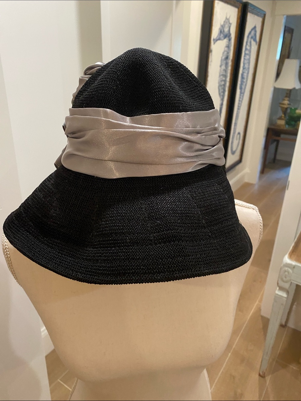 Black Woven Bucket Hat with Silver Satin Wrap